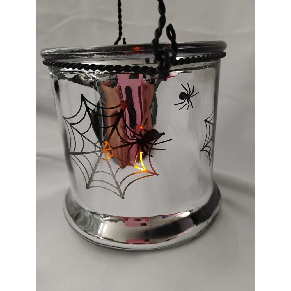 Halloween Spider Web Candle Holder Lantern, Silver Glass Decoration